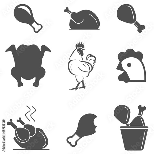 Set of chickens vector element, chick, chicken, cock, cockerel, collection, countryside, cow, design, domestic, drawing, egg, farm, farming, feather, female, food, rooster, vector, cartoon, poultry photo