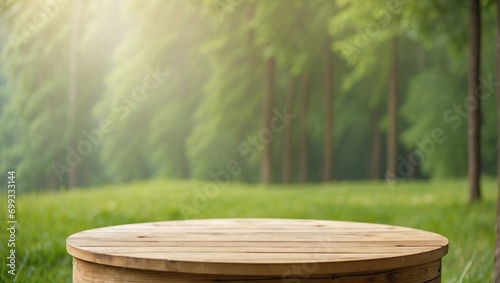 Round Wooden Podium Among Green Grass, Background Forest Hazy and Blurred, Copy Space © varol