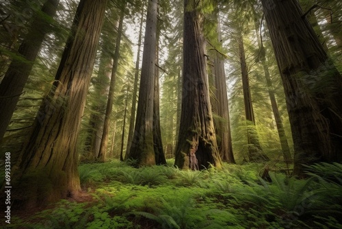 Captivating view of towering trees in the ancient cedar forest on Vancouver Island  Canada. Generative AI
