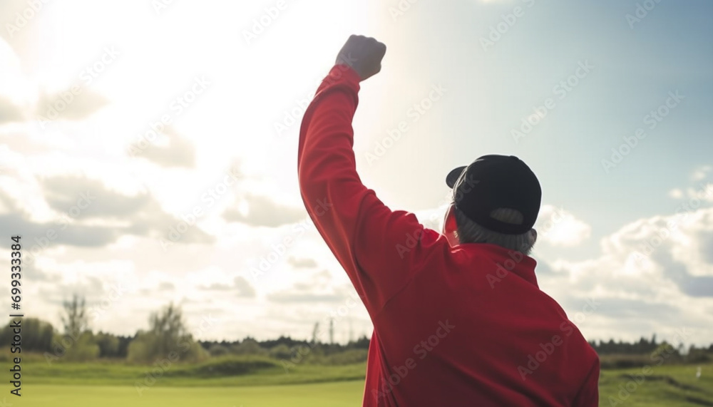 One man playing golf outdoors, enjoying the freedom and relaxation generated by AI - obrazy, fototapety, plakaty 