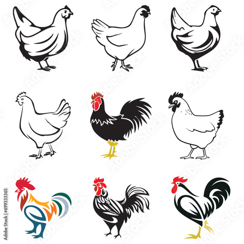 Set of chickens vector element, chick, chicken, cock, cockerel, collection, countryside, cow, design, domestic, drawing, egg, farm, farming, feather, female, food, rooster, vector, cartoon, poultry