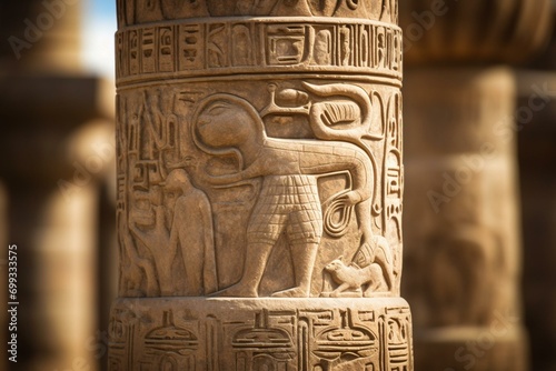 Ornamented pillar at Karnak Temple, Egypt; a UNESCO heritage site. Generative AI