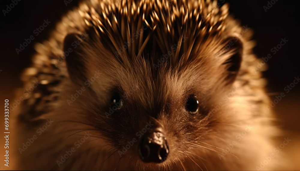 Naklejka premium Cute small hedgehog, furry and alert, looking at camera closely generated by AI