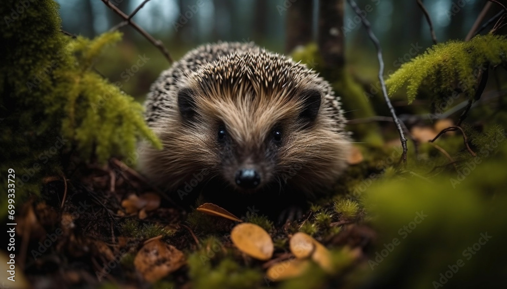 Fototapeta premium Cute hedgehog in the wild, looking at camera in forest generated by AI