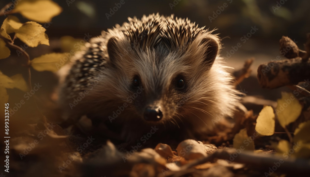 Naklejka premium Cute hedgehog in the wild, surrounded by autumn leaves and trees generated by AI
