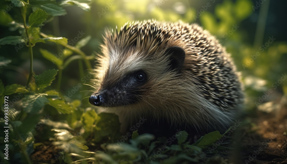 Fototapeta premium Cute hedgehog in the wild, close up, alert in green forest generated by AI