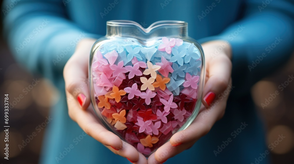 Colorful Paper Flowers in Heart-shaped Glass Jar Colorful Paper Flowers in Heart-shaped Glass Jar