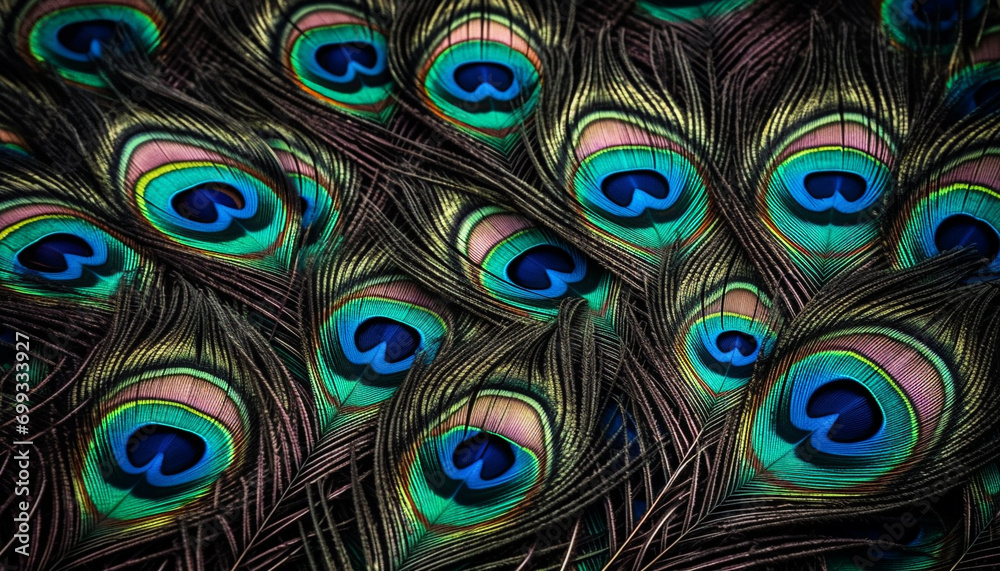Obraz premium Vibrant peacock feather showcases nature elegance in multi colored pattern generated by AI