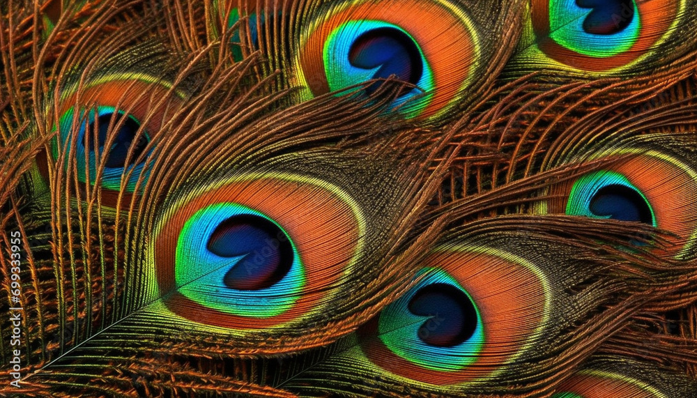 Obraz premium Vibrant colored peacock feather showcases nature beauty in close up generated by AI