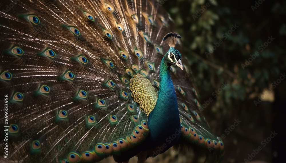 Obraz premium A vibrant peacock displays its majestic beauty in nature generated by AI