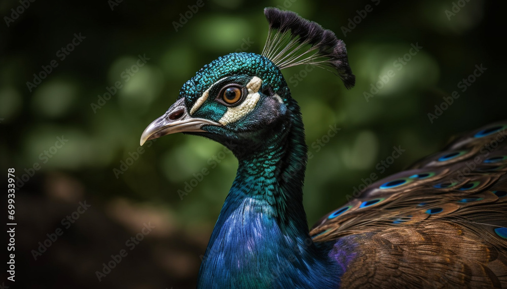 Majestic peacock displays vibrant colors, showcasing beauty in nature generated by AI Majestic peacock displays vibrant colors, showcasing beauty in nature generated by AI