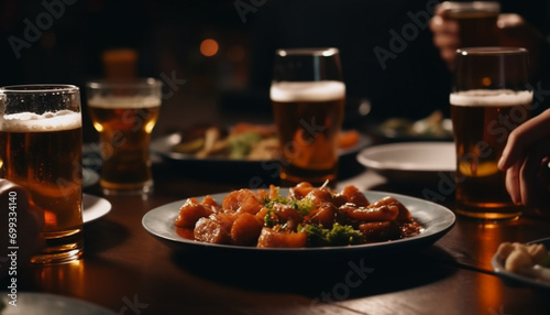 Beer glass on table, men drinking, pub food, social gathering generated by AI