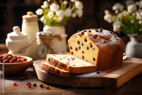 Festive Easter panettone. Background with selective focus and copy space