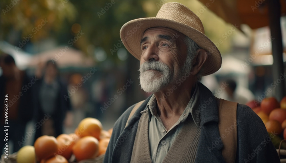 Smiling senior farmer holding fresh fruit, looking confidently at camera generated by AI