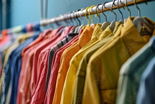 Hangers with colorful clothes hanging on rack near color wall