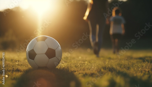 Men and women playing soccer on a grassy field at sunset generated by AI