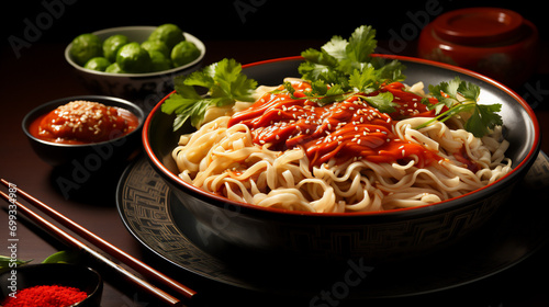 Chinese noodles with tomatoes and herbs