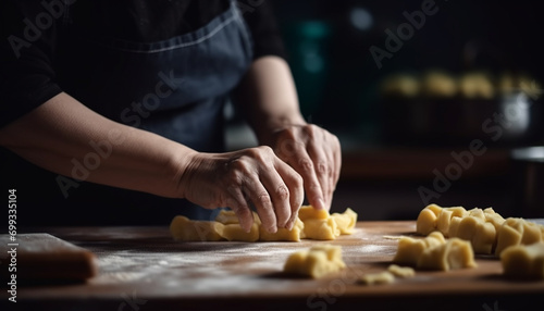 A woman in a kitchen prepares homemade dough for baking generated by AI