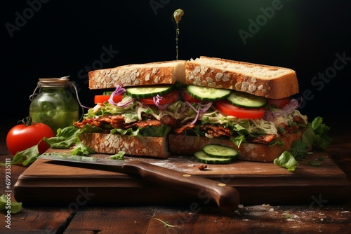 Sandwich with veggies on wooden board. Generative AI