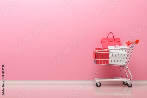 Shopping bags inside shopping cart on empty pink wall. Generative AI