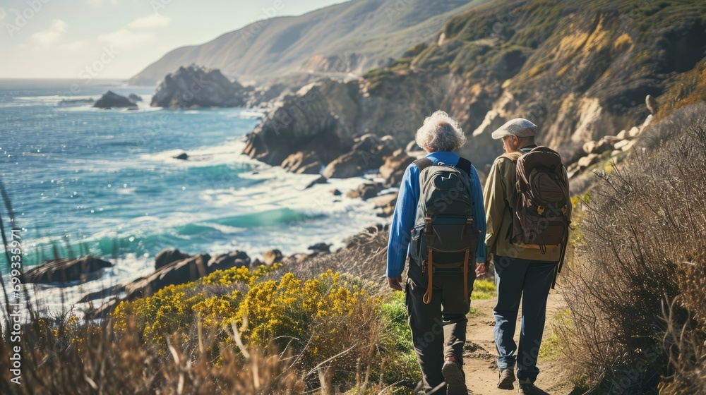 Senior couple admiring the scenic coast while hiking