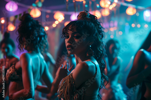 A group of women stands together on a dance floor, captured in a cinematic close-up with sensual lighting