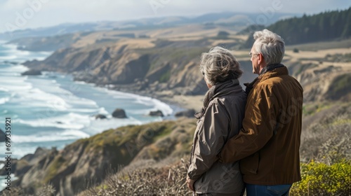 Senior couple admiring the scenic coast while hiking