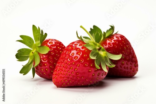 Three strawberries with leaf on white background. Generative AI