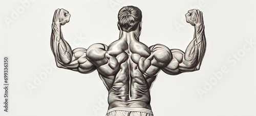AI-Created Bodybuilding Art: Powerful Rear Double Bicep Pose Black and White Illustration of a Muscular Athlete