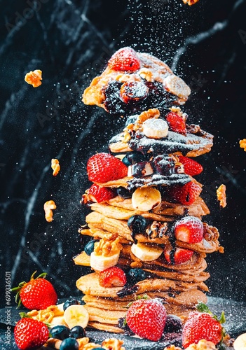 Pancakes stacked with strawberries, bananas, nuts, blueberries, chocolate, food photography photo