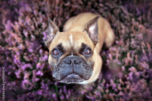 Top view of beautiful small brown French Bulldog dog sitting in a field of purple blooming heather 'Calluna vulgaris' plants photo