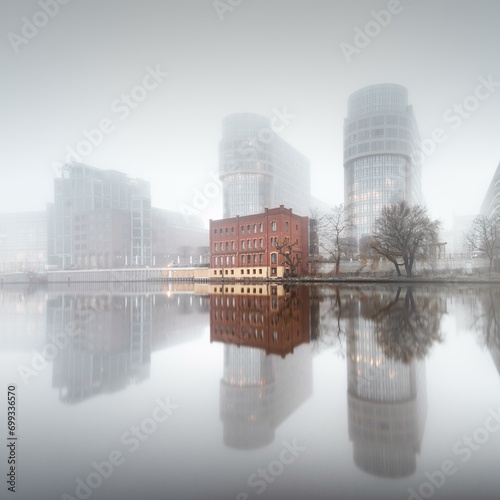 Minimalist long exposure of the former Ministry of the Interior on the Spree in thick morning fog in Moabit, Berlin, Germany, Europe photo