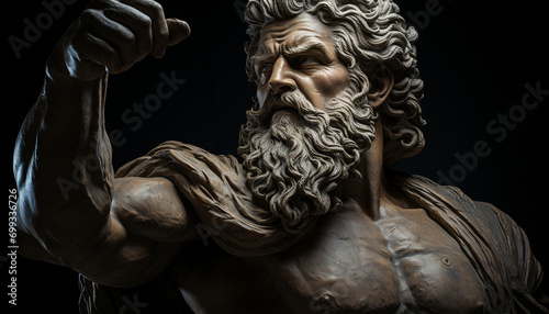 Ancient sculpture of a bearded man, symbolizing spirituality and strength generated by AI © Stockgiu