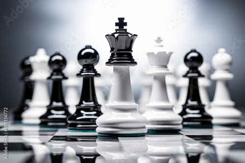 A classic black and white chess set arranged on a white chessboard, creating a visually engaging and easily extracted image for strategic and gaming visuals.