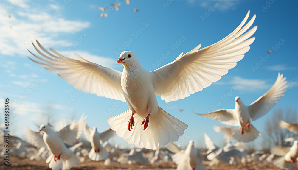 Fototapeta premium Flying seagull, symbol of freedom, spreads wings in mid air generated by AI