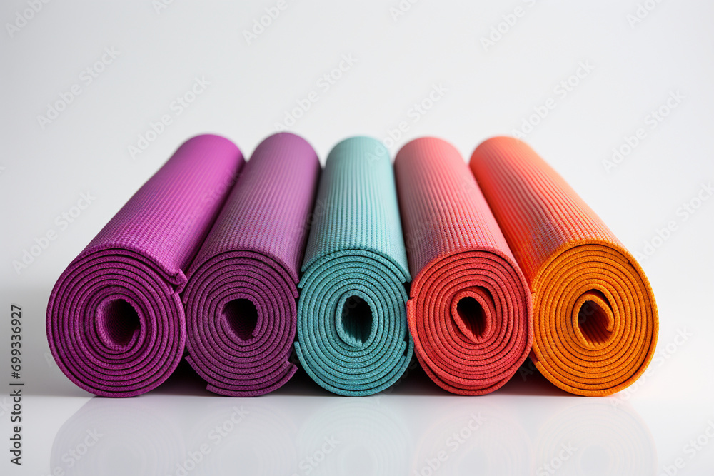 A set of colorful yoga mats rolled up neatly on a white surface, providing a serene and easily isolated image for use in fitness, wellness, or lifestyle concepts. A set of colorful yoga mats rolled up neatly on a white surface, providing a serene and easily isolated image for use in fitness, wellness, or lifestyle concepts.