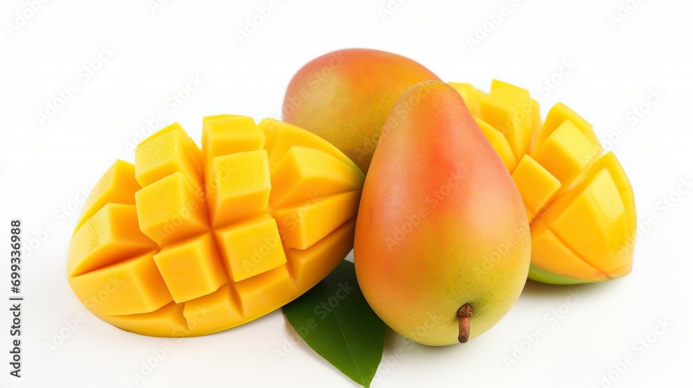 Mango and leaves, white background. Full depth of field. Mango With clipping path. Mango collection Mango and leaves, white background. Full depth of field. Mango With clipping path. Mango collection