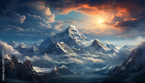 Majestic mountain peak, snow capped, sunset paints nature beauty generated by AI