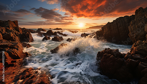 Majestic sunset over tranquil coastline, waves breaking on rocks generated by AI