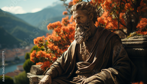 Religious men meditating under ancient tree, embracing spirituality and nature generated by AI