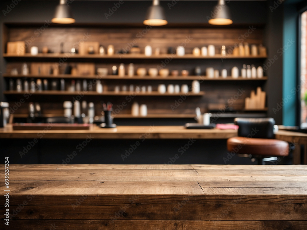 empty wooden table with blurry barbershop background, backdrop with copy space