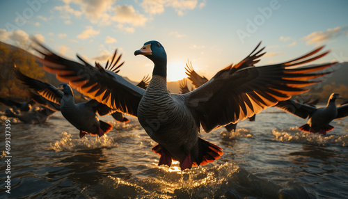 Flying duck reflects beauty in nature, freedom in motion generated by AI