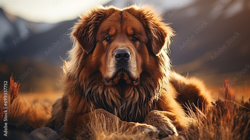 Obraz premium Portrait of a red Tibetan Mastiff lying in the rays of the setting sun, soft focus on the fur and the friendly expression of the dog's muzzle. Concept: large purebred animal, close-up of the muzzle 