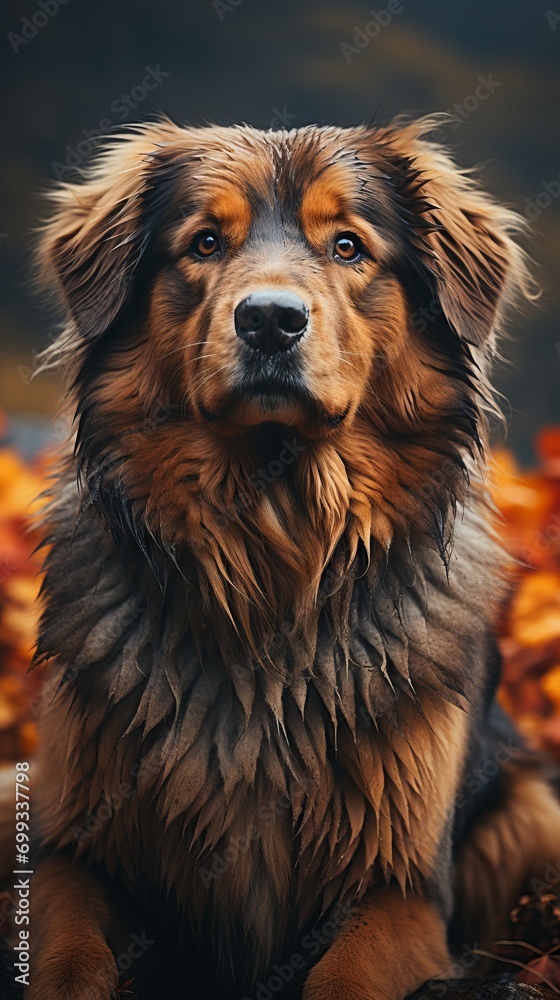 Obraz premium Portrait of a red Tibetan Mastiff lying in the rays of the setting sun, soft focus on the fur and the friendly expression of the dog's muzzle. Concept: large purebred animal, close-up of the muzzle 