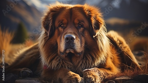 Portrait of a red Tibetan Mastiff lying in the rays of the setting sun, soft focus on the fur and the friendly expression of the dog's muzzle. Concept: large purebred animal, close-up of the muzzle 