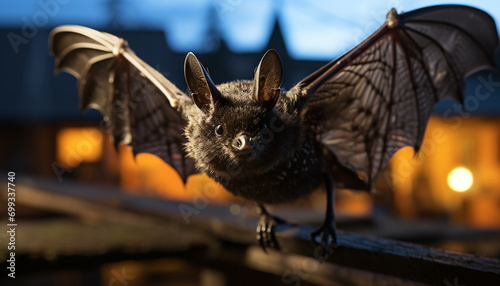 Spooky owl flying in dark night, Halloween eerie mystery generated by AI