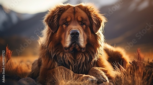 Portrait of a red Tibetan Mastiff lying in the rays of the setting sun, soft focus on the fur and the friendly expression of the dog's muzzle. Concept: large purebred animal, close-up of the muzzle 