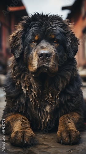 Portrait of a black dog with deep eyes lying on a wooden floor, expressive and emotional expression on the dog's face. Concept: Tibetan mastiff, large purebred animal, close-up of the muzzle 