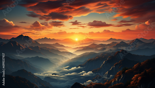Majestic mountain peak silhouettes against a tranquil sunset sky generated by AI
