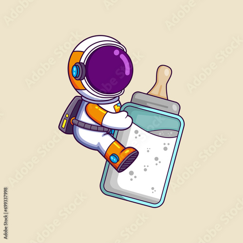Cute Astronaut riding a big bottle milk. Science Technology Icon Concept
